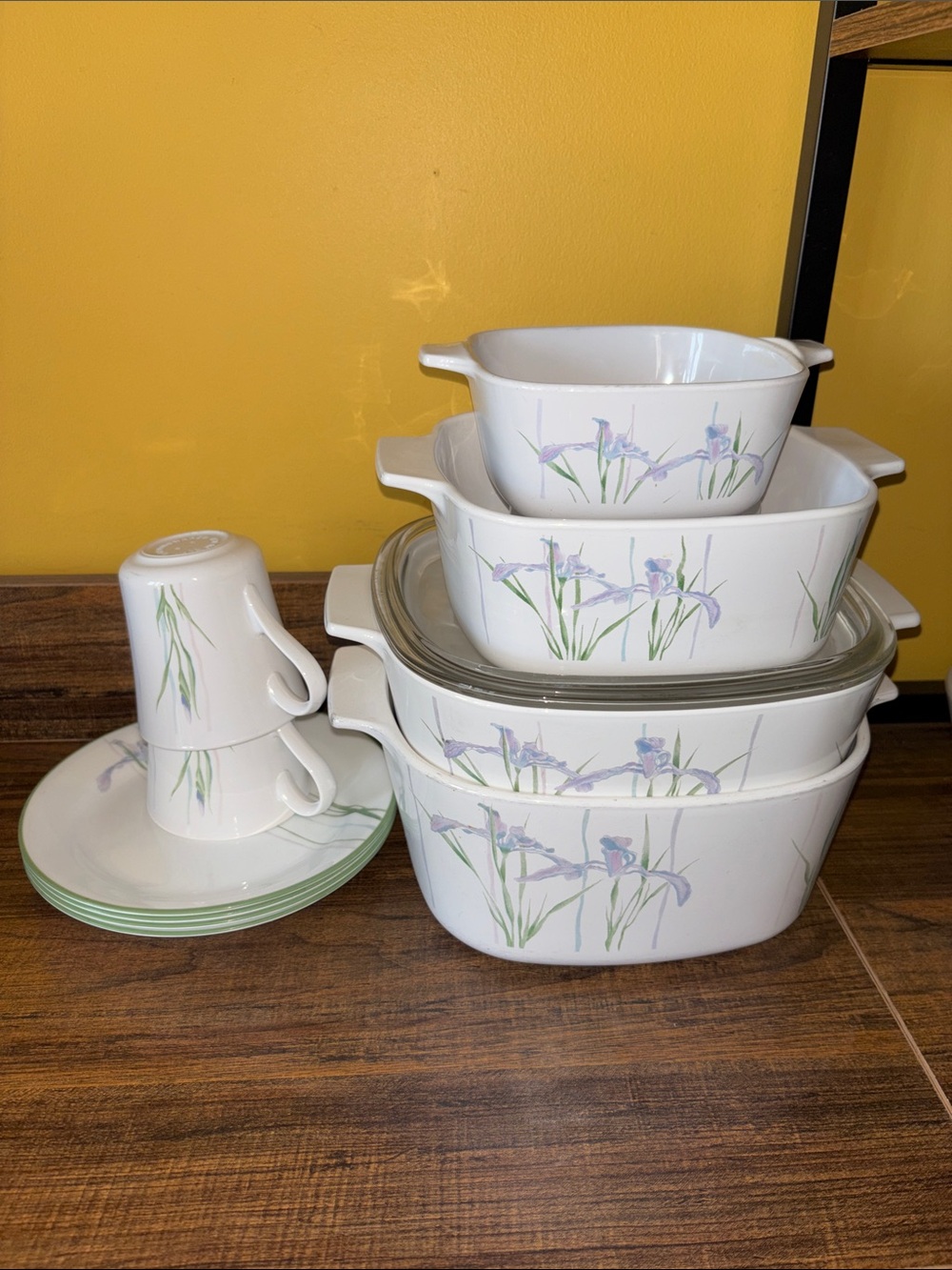 Corningware White Dinnerware with Purple Iris and Green Rim